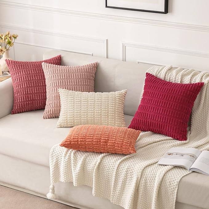 MIULEE Pack of 2 Corduroy Decorative Throw Pillow Covers 16x16 Inch Soft Boho Striped Pillow Covers Modern Farmhouse Home Decor for Summer Sofa Living Room Couch Bed Coral