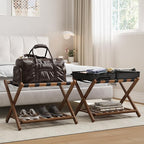 Set of 2 Fully Assembled 26.77" Dark Walnut Luggage Racks with Foldable Shoe Shelf, 5 Heavy-Duty Straps Bamboo Suitcase Stand, Luagge Holders for Guest Room Bedroom, Hotel