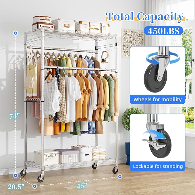 Simple Trending Rolling Clothes Rack, Clothing Rack, Garment Racks for Hanging Clothes, Freestanding Portable Closet Organizer, Heavy Duty, Max Load 450LBS, Chrome