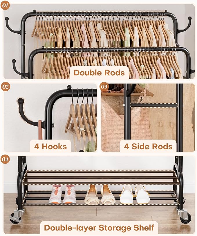Homde Heavy Duty Clothes Rack: 265lb Rolling Double Rod Garment Hanging - Metal Coat Organizer Storage Display Shelf on Wheels for Bedroom Laundry