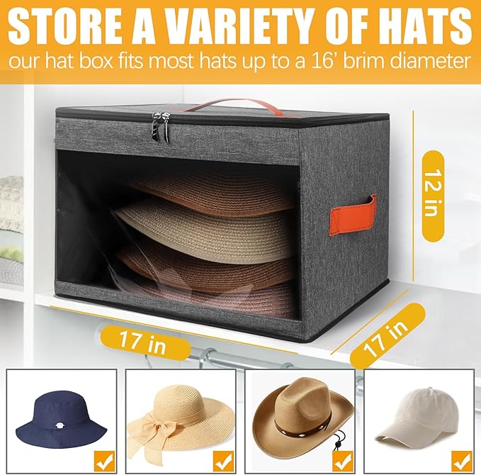 Upgraded Hat Storage Box for Women & Men,Closet Hat Boxes Organizer Bag with Dustproof Lids,Cowboy Hat Box,Hat Carrier Case For Travel