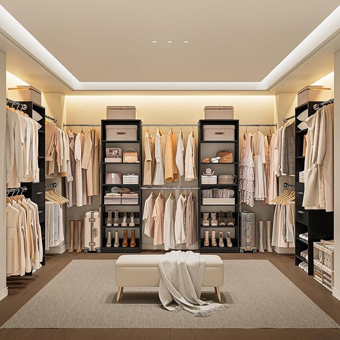W1 Closet System, 3.5FT-7.7FT Closet Organizer System with 4 Chrome-Plated Telescopic Rods & 6 Adjustable Shelves, Custom Wood Walk-In Closet Wall-Mounted Clothing Rack, Black