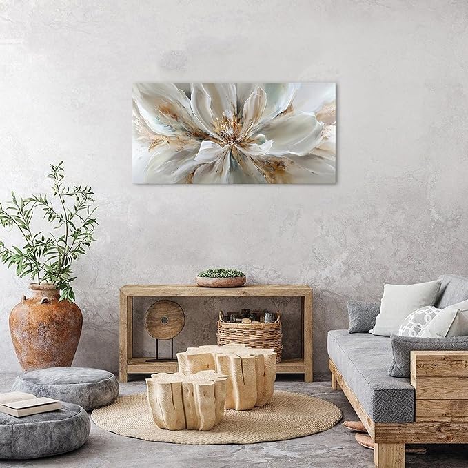 Flower Wall Art Vintage White Floral Canvas Pictures Abstract Blooming Flower Prints Painting Large Abstract Botanical Blossom Wall Decor Elegant Artwork for Bedroom Living Room Home Decoration 20x40"