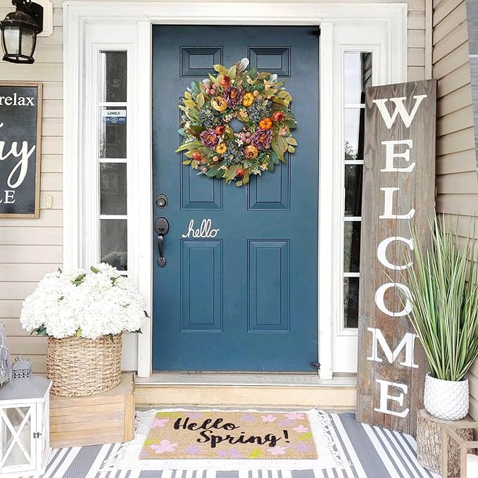 WANNA-CUL 24 Inch Spring Fall Wreaths for Front Door with Blue Hydrangea, Fall Wreath with Purple,Orange Peony-Fall Decoration for Home-Fall Decor Door Wreath for Valentines Day Mothers Day Autumn