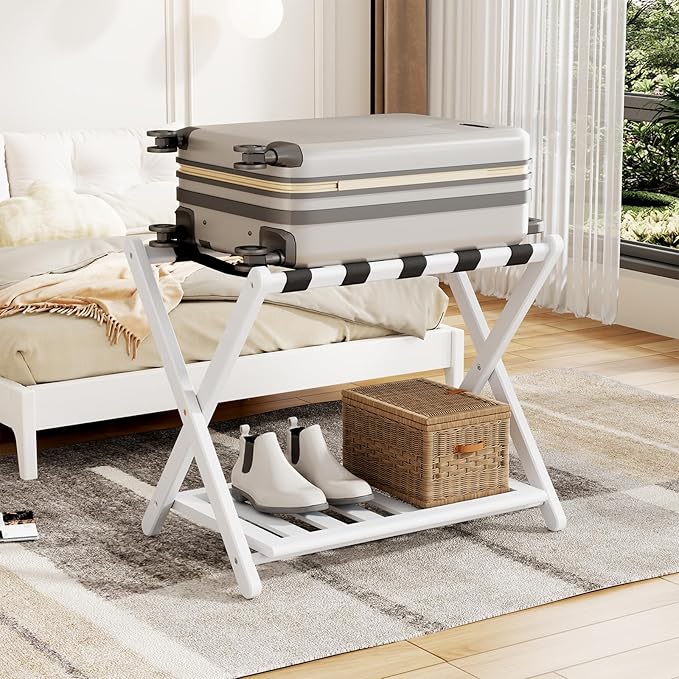 Luggage Rack for Guest Room - 1 Pack 26.77" L Full Assembled Luggage Rack Stand for Suitcases, Foldable Luggage Holder with Shoe Shelf for Bedroom, Hotel (White Bamboo Suitcase Stand)