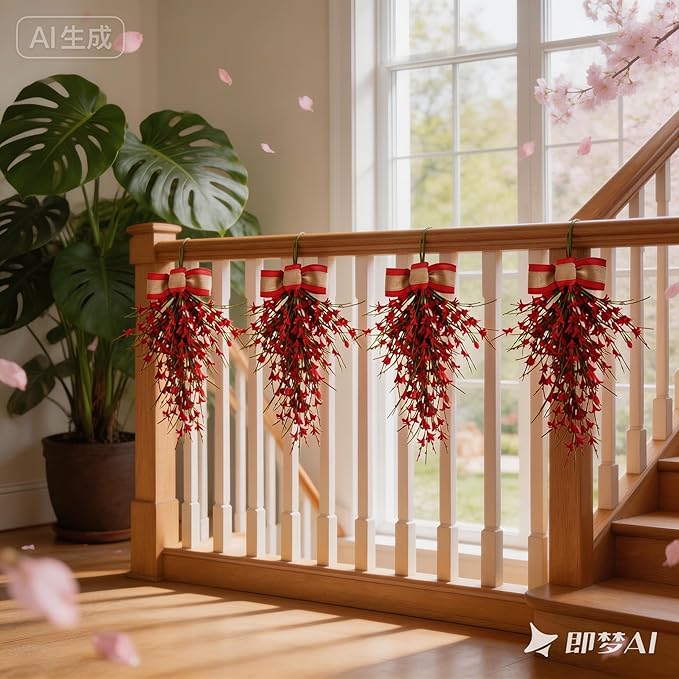 Forsythia Spring Teardrop Swag, 2Pcs Artificial Spring Summer Floral Hanging Swags with Bow for Door Wall Mantel Window Wedding Home Decor (Red)