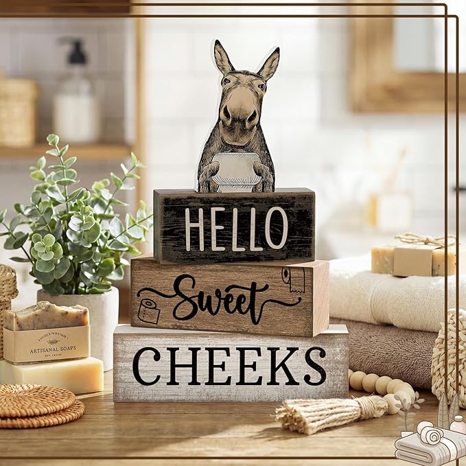 Moucuny 4 Pcs Donkey Bathroom Decor Set Farmhouse Bathroom Decor and Accessories Rustic Hello Sweet Cheeks Wooden Blocks Signs Funny Donkey Toilet Shelf Decoration for Home Office Half Bath