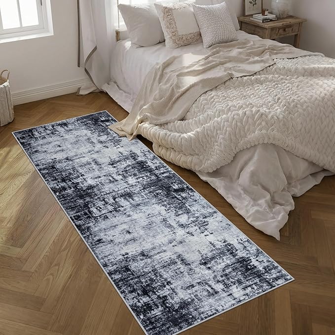 Washable Area Rug 3x8 Entryway Rug: Washable Modern Abstract Soft Thin Rug Indoor Floor No Slip Stain Resistant Carpet for Bedroom Dining Room Farmhouse Nursery Home Office - Dark Black