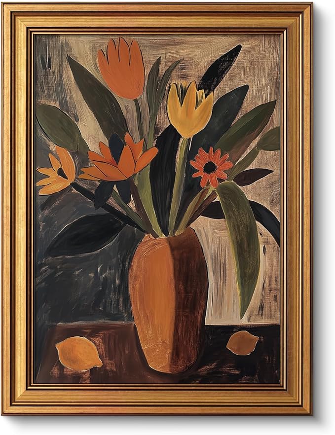 VIYYIEA Vintage Gold Framed Wall Art for Living Room, Flowers Canvas Prints Home Decor, Oil Painting Picture, Bedroom Wall Decor Gifts for Friends or Family -【Tulip and Lemon】-(16L x 12W)