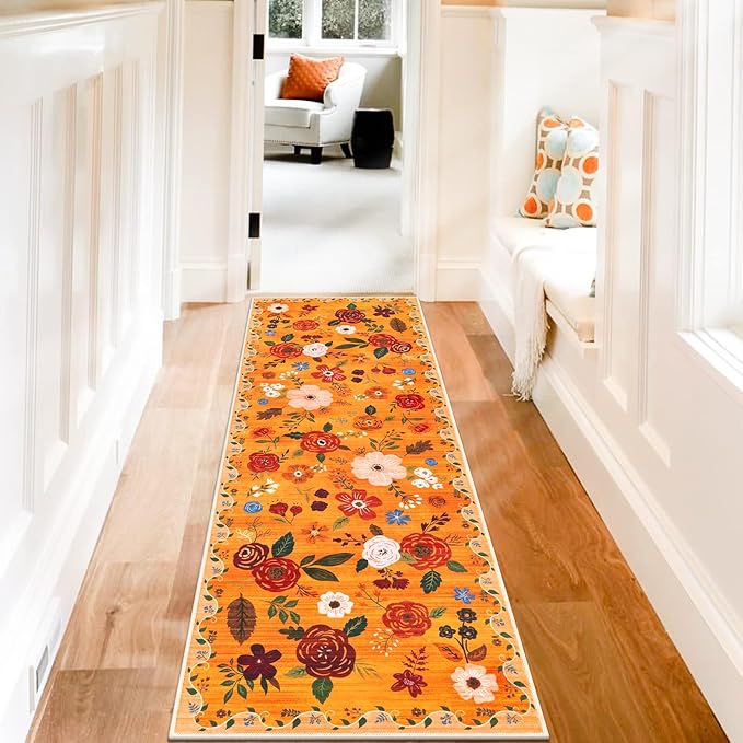 U'Artlines 2'x6' Fall Boho Runner Rug for Hallways Kitchen Colorful Floral Soft Non Slip Washable Floor Carpet Runners for Entryway Laundry Room Bathroom Orange