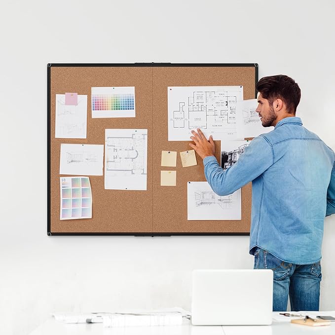 Extra Large Cork Bulletin Board 48" X 48", Foldable Notice Pin Board for Wall, Black Aluminum Framed 4'x4' Corkboard, Wall Mounted Noticeboard with 36 Push Pins for School, Home & Office