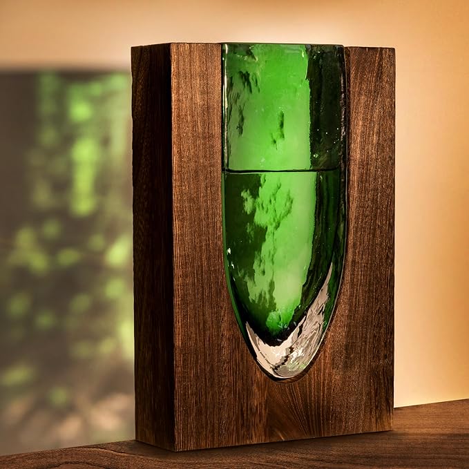 Wood and Glass Inlay Vases Farmhouse Wooden Glass Flower Vase Solid Wood Glass Vase Home Decor Vases for Centerpiece (9.37)