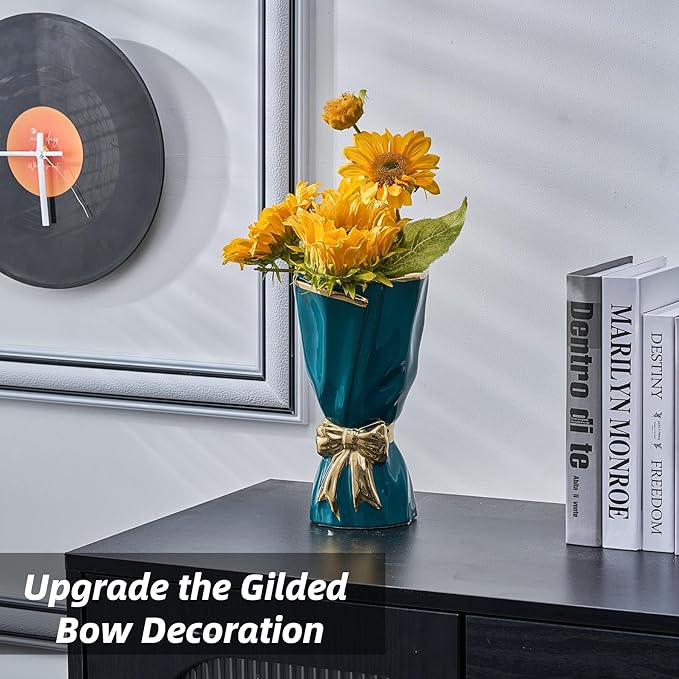 Bow Vase for Home Decor, Gold Vase for Boho Style, 9.65 Inch Large Vases for Ideal Table Decor, Living Room. Ceramic Flower Vases. （Glazed Exterior and Interior） (Green, Large)