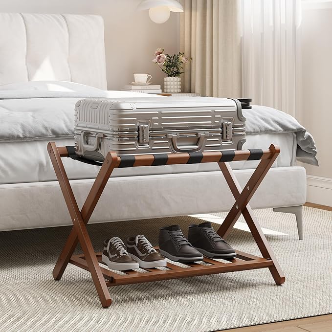 Bamboo Luggage Rack Fully Assembled, Folding Suitcase Stand with Shoe Shelf, Heavy-Duty Luggage Holder for Guest Room Must Haves, Bedroom, Hotel, Walnut