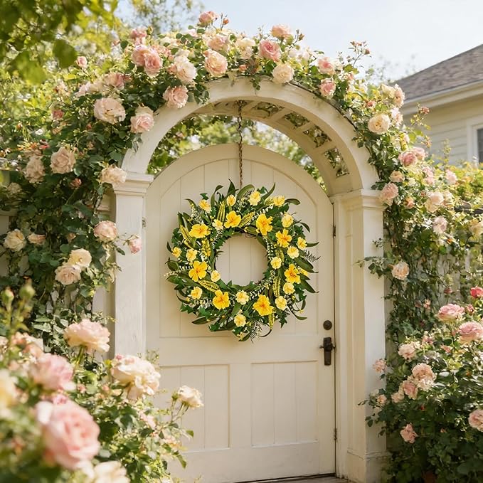 22 Inch Spring Summer Wreaths for Front Door, Artificial Flowers Wreath with Yellow Floral Green Leaves Berries and Grain Spikes, Farmhouse Wreath for Front Porch Wall Indoor Outdoor Home Decor