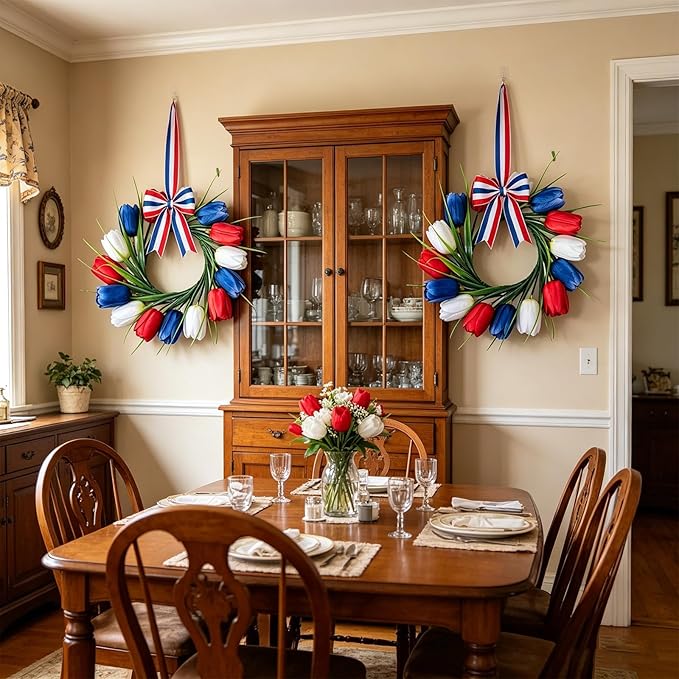 4 PCS 4th of July Hanging Wreaths for Cabinet Small Patriotic Tulip Silk Independence Day Wreaths for Front Door with Red White and Blue Flower Memorial Day Labor Day Candle Wreath for Home Wall Decor