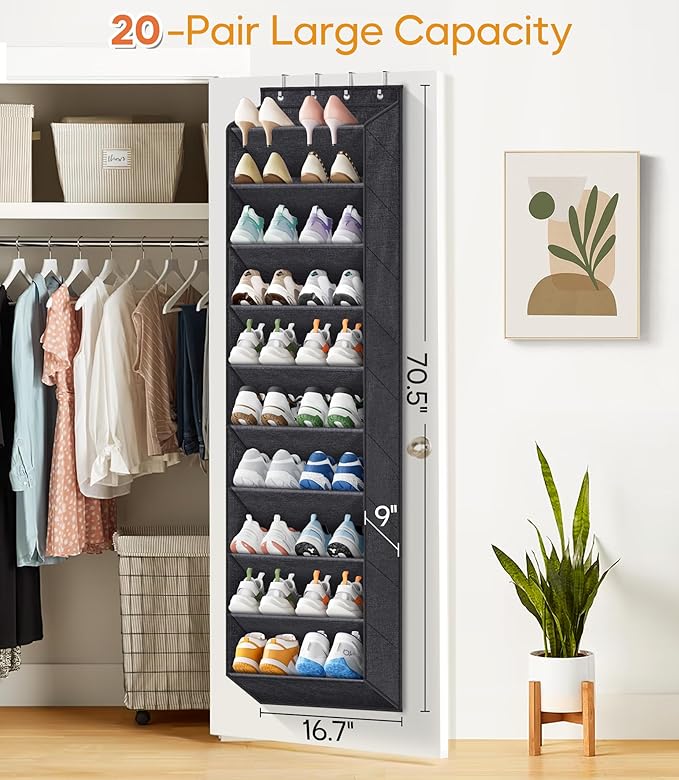 KIMBORA 10 Tier Over the Door Shoe Organizer with Large Pockets, Hanging Shoe Rack for Closet Door Storage, Fits 20 Pairs of Sneakers Boots Hanger Holder, Black