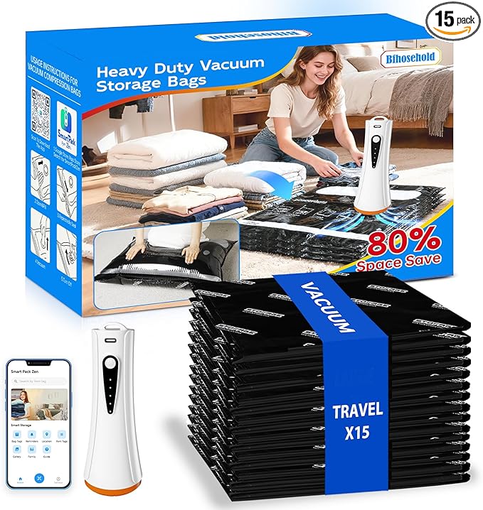 Travel Vacuum Storage Bags with Electric Pump, 15 Pack Vacuum Seal Bags for Clothing, Bedding, Pillow, Comforters, Blankets, Compression Bags Includes Portable Fast Pump for Home Organization Storage