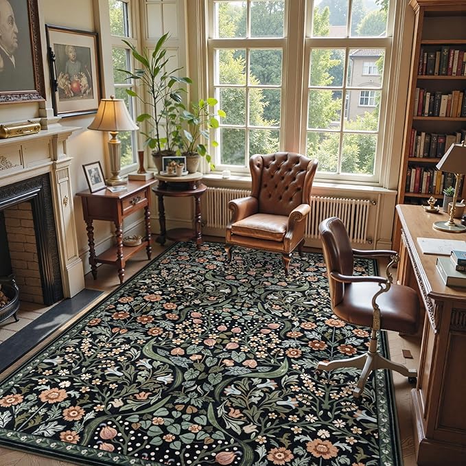 Moynesa Floral Area Rug 6x9, Washable Large Rugs for Living Room, Non Slip Boho Rugs for Dining Room Table, Botanical Ultra Thin Soft Floor Carpet for Farmhouse Office, Black