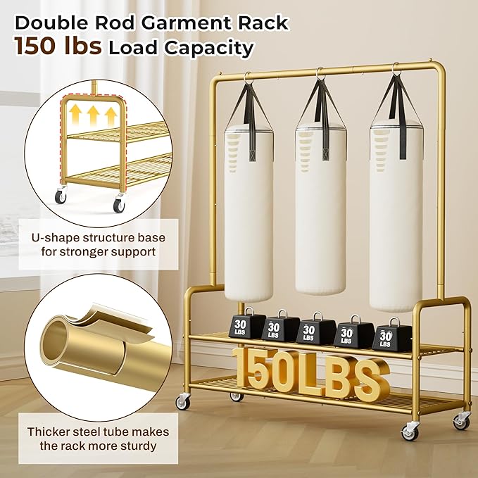 MISSLO Heavy Duty Clothes Rack with Shelves 46.5" Large Rolling Clothing Racks for Hanging Clothes, Garment, Coat, Gold