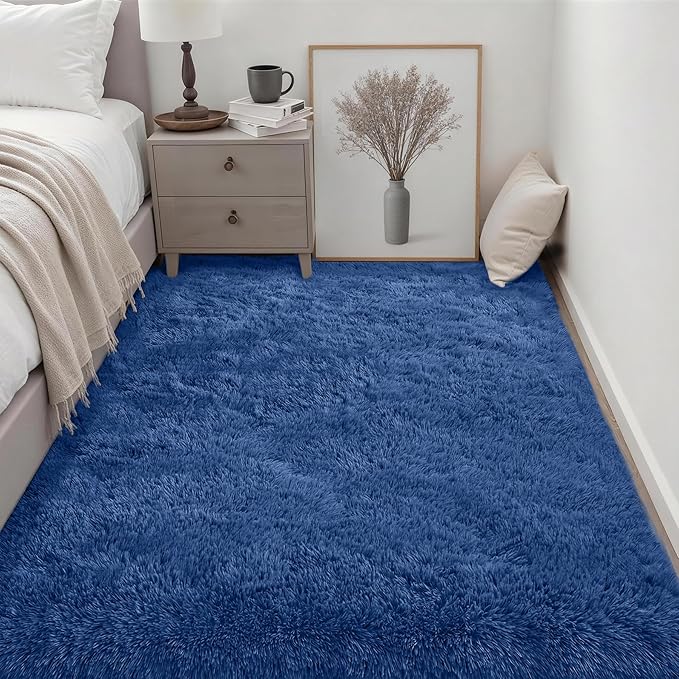 Fluffy 4x6 Area Rugs for Living Room Bedroom: Ultra Soft Shag Rug Non-Slip Non-Shedding Small Plush Bedside Rug Indoor Floor Carpets for Kids Room Playroom Entryway Nursery Dorms Home Decor Blue
