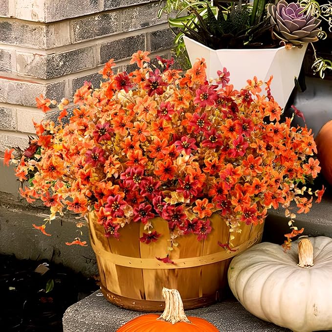 Homsunny Artificial Mums Fake Flowers for Outdoors Decoration, 12 Bundles Realistic Silk Daisy Faux Plants UV Resistant Decor for Home Garden Porch Patio Yard Balcony Window (Orange Brown)