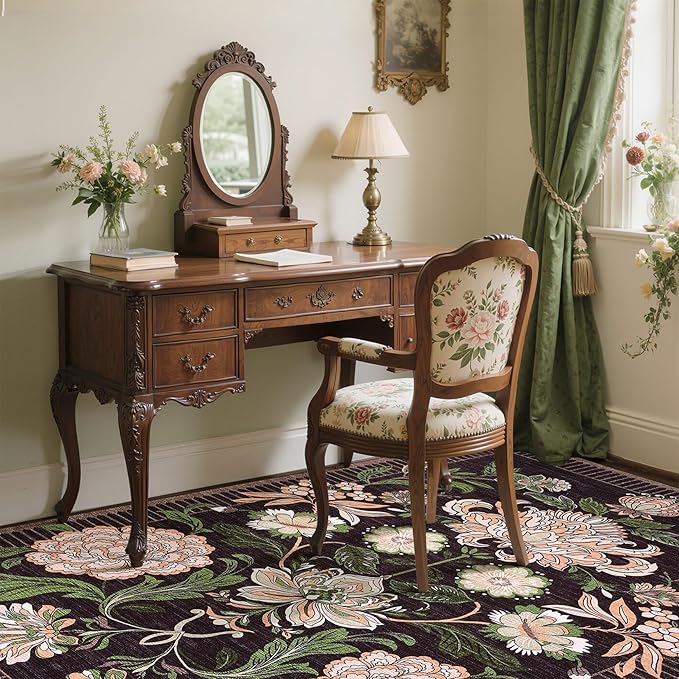 GarveeHome Plum Pink Floral Christmas Washable 5x7 Rug for Living Room, Black Purple Vintage Boho Cottage Throw Rugs Low Pile Carpet for Bedroom Dining Nursery Rug