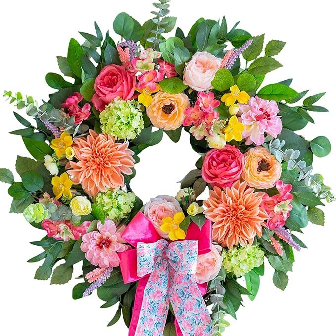 Spring Wreaths for Front Door 24 Inch Outdoor Spring Wreath with Pink Bow– Handmade Peach Dahlia & Garden Rose Summer Wreaths for Front Door,Farmhouse Home,Porch,Wall,Window Decor