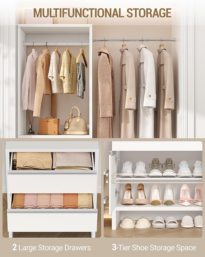 Closet System, Closet Organizer System with 4 Hang Rods, Walk-in Wooden Storage Systems with 2 Drawers & Shoe Cabinet, Fits Spaces 4-9.8FT, Wardrobe Clothes Rack Garment Rack, White MC00103E