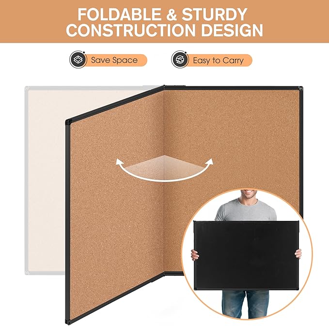 Extra Large Cork Bulletin Board 60" X 48", Foldable Notice Pin Board for Wall, Black Aluminum Framed 5'x4' Corkboard, Wall Mounted Noticeboard with 36 Push Pins for School, Home & Office