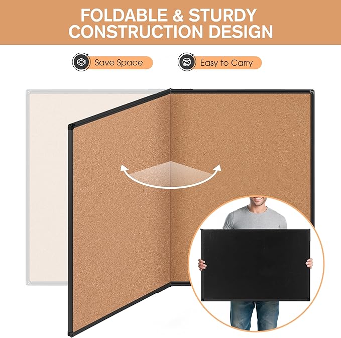 Extra Large Cork Bulletin Board 60" X 36", Foldable Notice Pin Board for Wall, Black Aluminum Framed 5'x3' Corkboard, Wall Mounted Noticeboard with 36 Push Pins for School, Home & Office