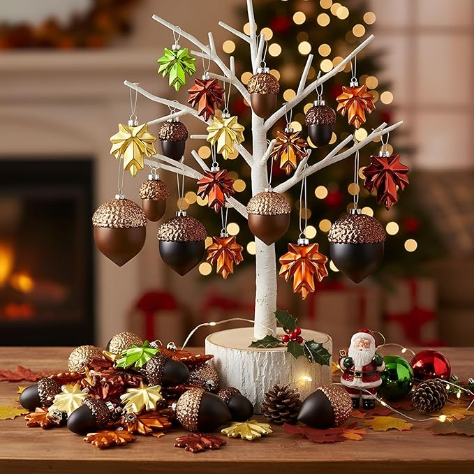 Soaoo 30 Pcs Acorn Hanging Ornaments for Winter Tree Maple Leaves Plastic Hanging Pendant Small Winter Decorations for Home Table Fireplace Party Decor(Matte Style)