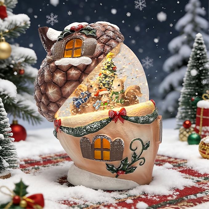 6.5-Inch Lighted Acorn Swirling Water Glitter Globe with Squirrel Family Scene, Battery Operated, 8H Timer, Holiday Sparkling Gift and Indoor Christmas Home Décor (Acorn)