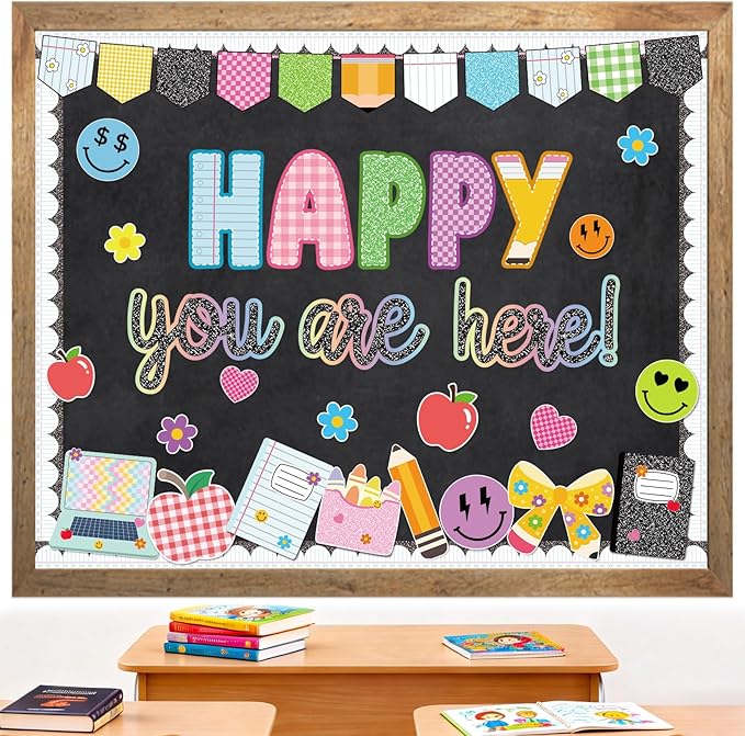 Back to School Bulletin Board Decoration, Happy You're Here Bulletin Board Set, Composition Notebook Happy Face Apple Daisy Cutouts for Classroom First Day of School Chalkboard Wall Door Teacher Decor