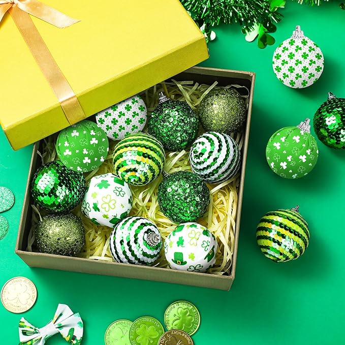 Zeyune 16 Pcs St Patricks Day Tree Decoration 2 Inch St. Patrick's Day Shamrock Ornament Irish Hanging Sequin Ball Home Ornament for Tree Glitter Luck Clover Ball for Party Decor