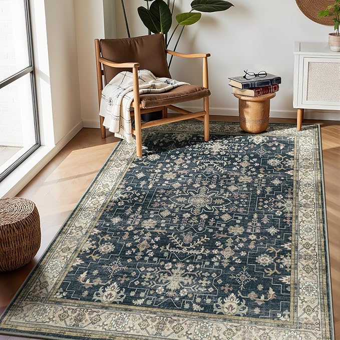 Lessymo Large Entryway Rug 3x5, Black Brown Washable Boho Area Rugs for Large Kitchen, Bedroom Bedside, Living Room, Non Slip Low Pile Carpet Oushak Vintage Floral Moody Decor