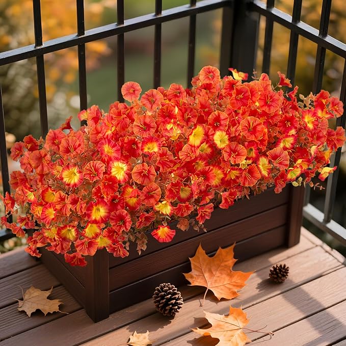 Fake Flowers Artificial for Outdoor Decoration Autumn Silk Flower UV Resistant, 12 Bundles Faux Morning Glory with Eucalyptus Greenery for Indoor Garden Planters Patio Window Home Decor, Mix