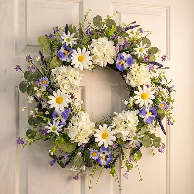 22 Inches Summer Wreaths for Front Door Spring Flower Wreath Farmhouse Spring Floral Wreaths Country Summer Door Wreath with Phalaenopsis Orchid Hydrangea Sunflower for Window Wall Porch Decoration