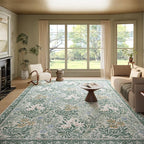 Botanical Floral Area Rug 9x12 Light Green Cream Vintage Garden Design, Perfect for Living Room, Bedroom, Kids Room, Nursery - Stain & Water Resistant Non-Slip, Pet & Child Friendly Area Rugs