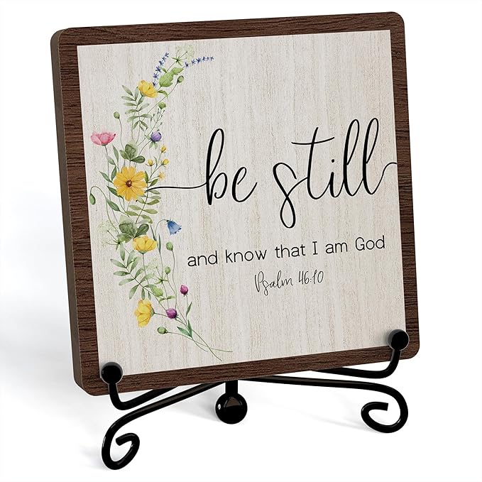 Inspirational Christian Desk Decor, Be Still And Know That I Am God Rutsic Sign, Desk Decorations For Office Home Living Room Bathroom, Eucalyptus Shelf Decor, Wooden Plaque With Stand (04)