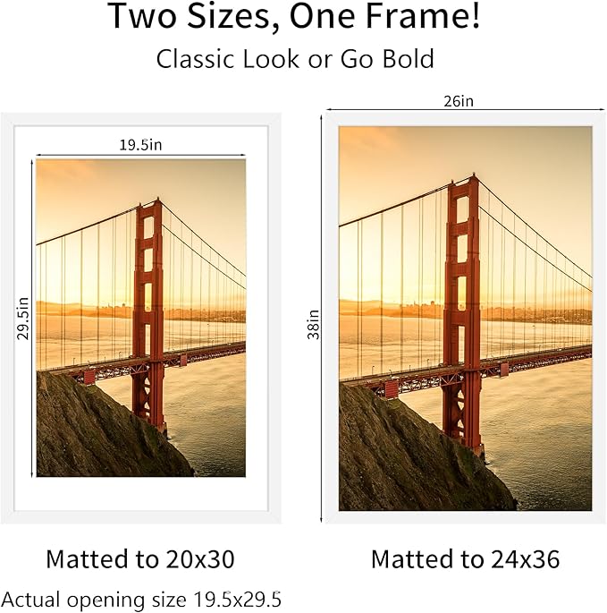 24x36 Picture Frame White Set of 3, Display Pictures 20x30 with Mat or 24 x 36 Without Mat, Poster Frames 24x36 for Wall Hanging Horizontal and Vertical