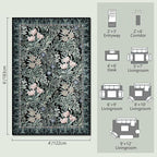 Washable Area Rugs 4x6 Black Green Vintage Floral Botanical Pattern,Perfect for Living Room, Bedroom, Kids Room, Nursery - Stain & Water Resistant Non-Slip, Pet & Child Friendly/Bedroom Decor