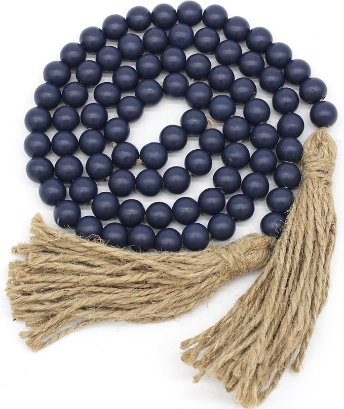 Farmhouse Decor Beads 59in Wooden Bead Garland with Tassels Rustic Coastal Room Accent Halloween Decorations for Home Wall Hanging Kitchen Island Table Mantle Shelf Country Decor, Navy Blue