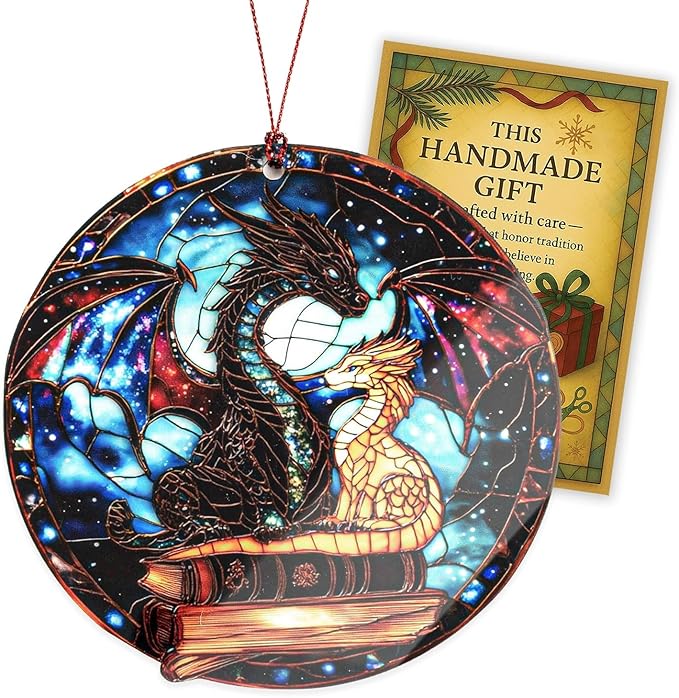 Dragon Gifts for Women Man, Dragon Book, Fantasy Ornament, Gothic Style Decor, Mystical Art Hanging Keepsake, Cosmic Inspired Design, Reading Lover Display, Unique Home Accent, Enchanting Collector