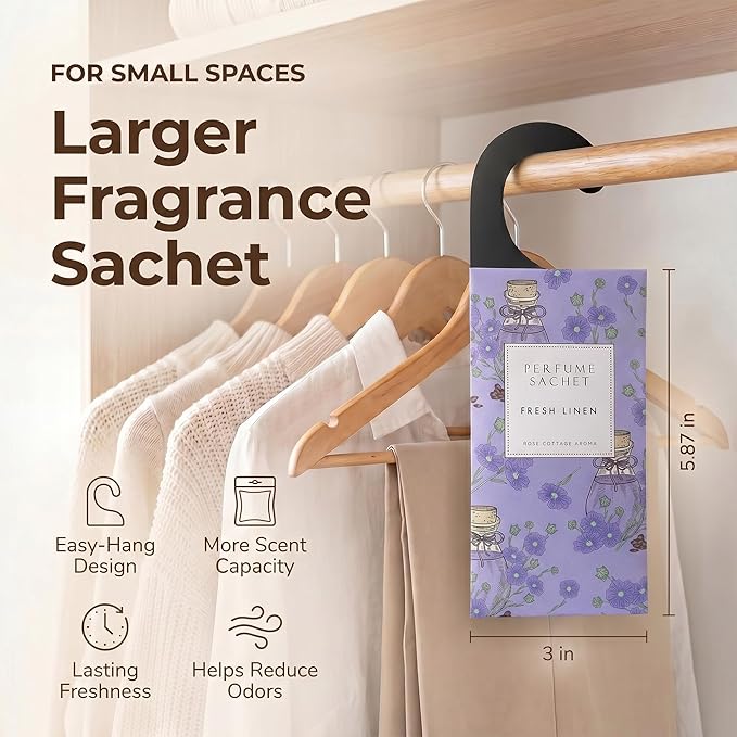 ROSE COTTAGE Large 12 Packs Fresh Linen Hanging Closet Deodorizer Air Freshener Long Lasting Scented Sachets Smell Goods for House