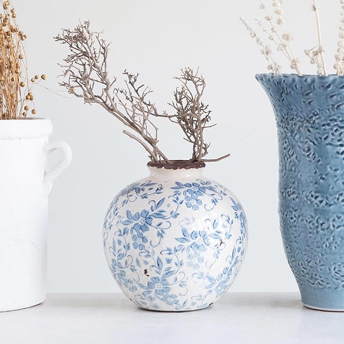 Creative Co-Op DF2720 8" H Terracotta Floral Transferware Pattern & Crackle Finish Vase, Blue