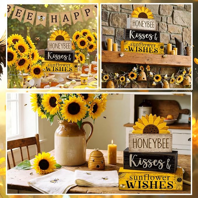 Lineshading 4 Pcs Summer Table Decor Wooden Sunflower Tiered Tray Decor Rustic Farmhouse Yellow Block Signs Gifts Summer Tabletop Centerpieces for Home Kitchen Coffee Bar Decorations
