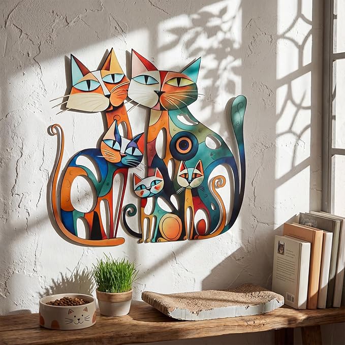 Wesiti Cat Wall Art Decor Iron Wall Sculptures Decor for Cats Lover 13.7 x 13 Inches Colorful Mid Century Cat Retro Signs for Home Living Room Bedroom Kitchen Office(Opulent)