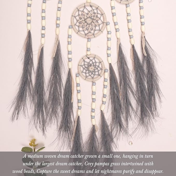 Pretty Jolly Grey Pampas Grass Dream Catchers Wall Decor with Handmade Large Native Americans Witch Dreamcatcher with Wood Beads for Adults Bedroom Wedding Garden Bless Birthday Gift-5 Rings