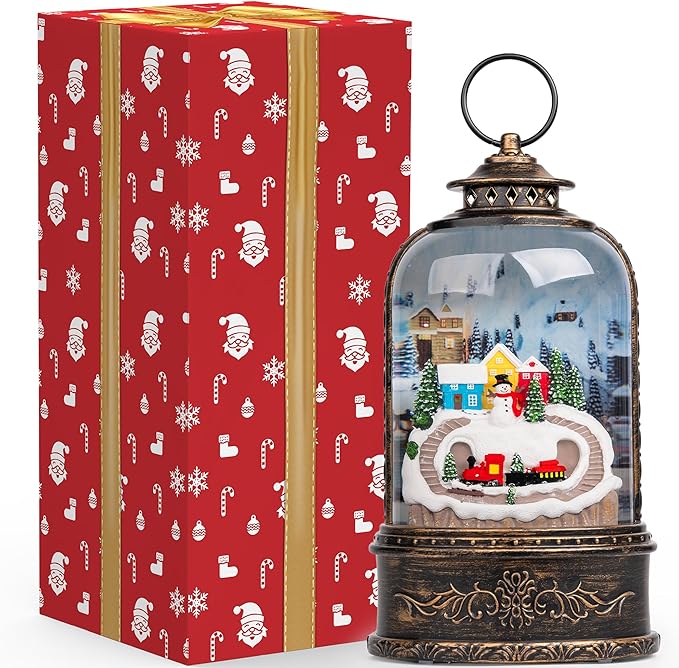 Christmas Snow Globe Lantern Water Glittering Snowman & Train with Music & Timer, USB Lined/Battery Operated Lighted Lantern for Christmas Festival Decoration Gifts